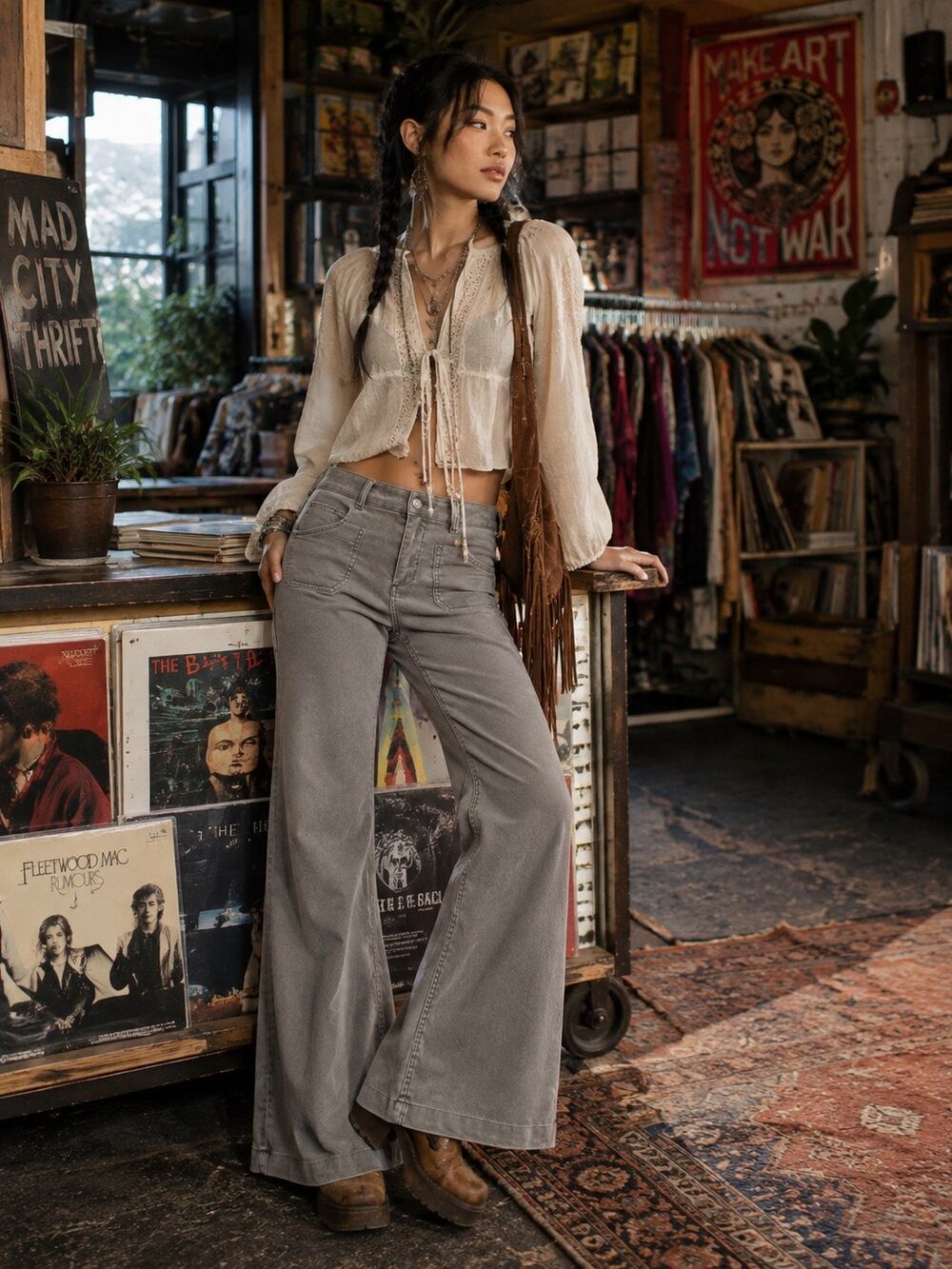 Free People Gray Corduroy High Rise Flare Pants 70s Boho Western Size 28